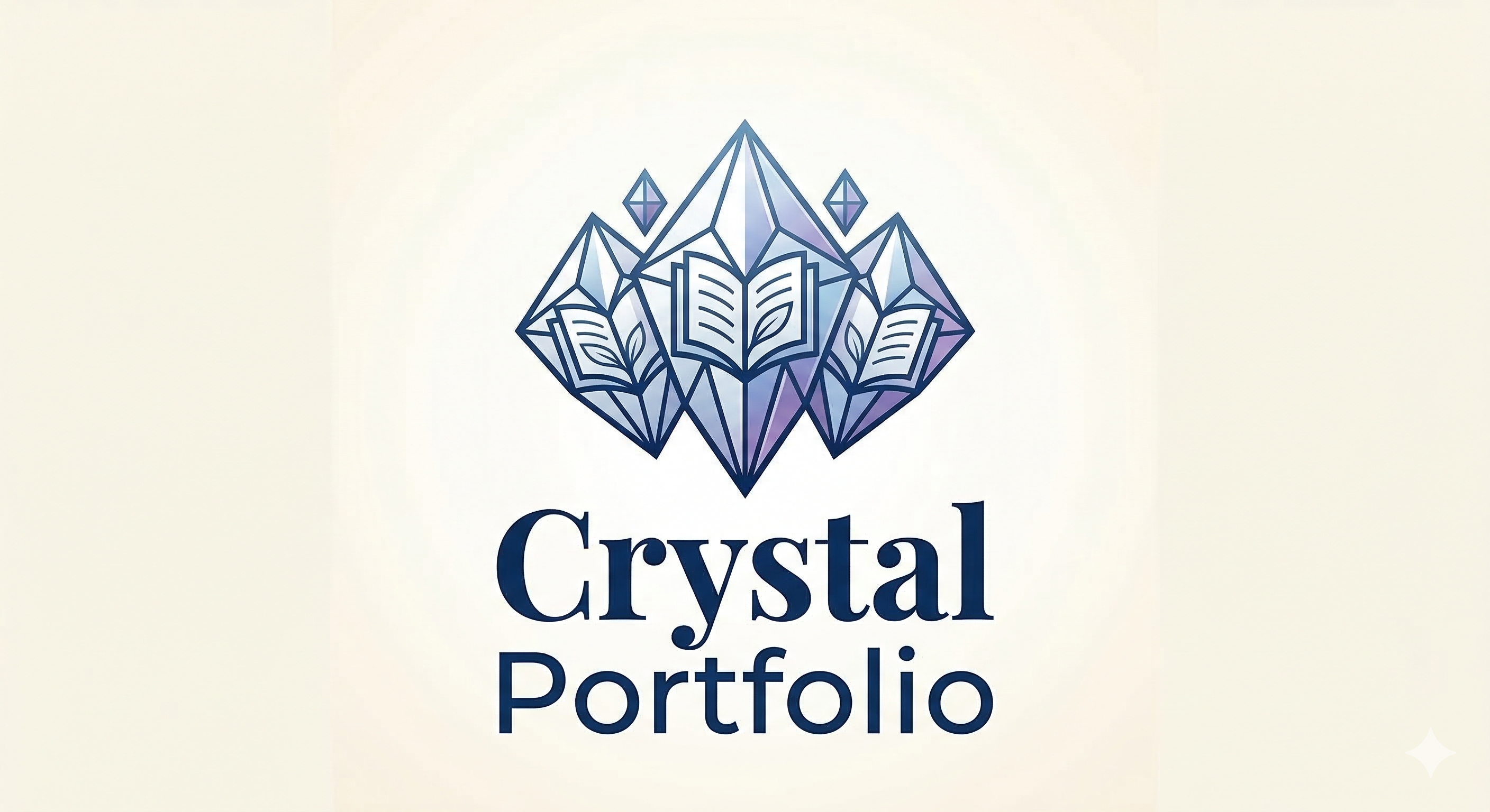 A logo featuring three faceted crystal shapes with open books inside them. The crystals are outlined in dark blue with light blue and purple shading, and there are two small diamond shapes above the crystals. Below the graphic, the text reads 'Crystal Portfolio' in dark blue, with 'Crystal' larger on the first line and 'Portfolio' smaller on the second line. The background is a light beige color.